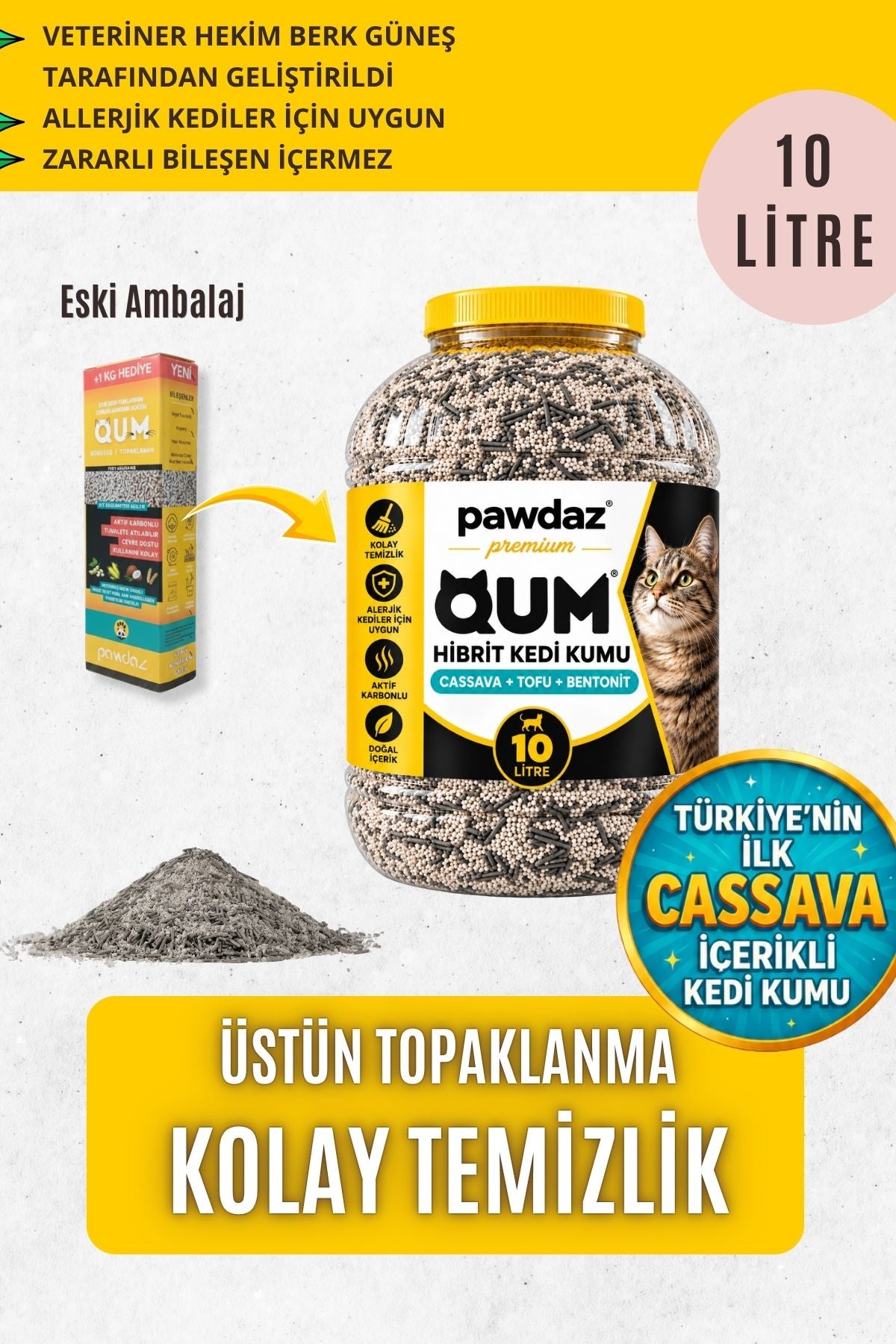 QUM - Topaklanan, Aktif Karbonlu, Zararsız, Bitkisel Kedi Kumu (10 LİTRE)