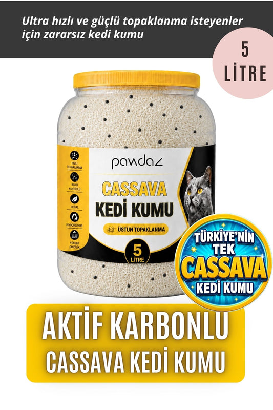 Aktif Karbonlu Cassava Kedi Kumu – Kokusuz, Hızlı ve Güçlü Topaklanma (5 Litre)