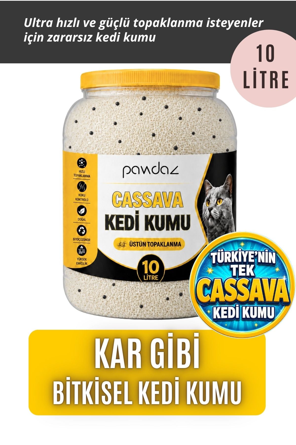 Aktif Karbonlu Cassava Kedi Kumu – Kokusuz, Hızlı ve Güçlü Topaklanma (10 Litre)