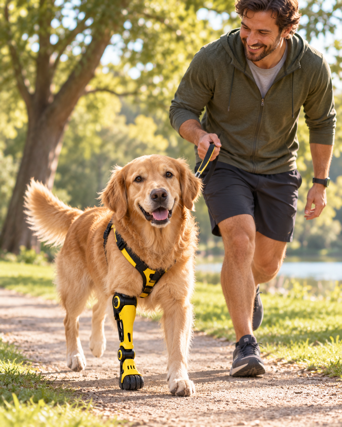 Protez sonrası sahibi ile parkta gezen köpek.