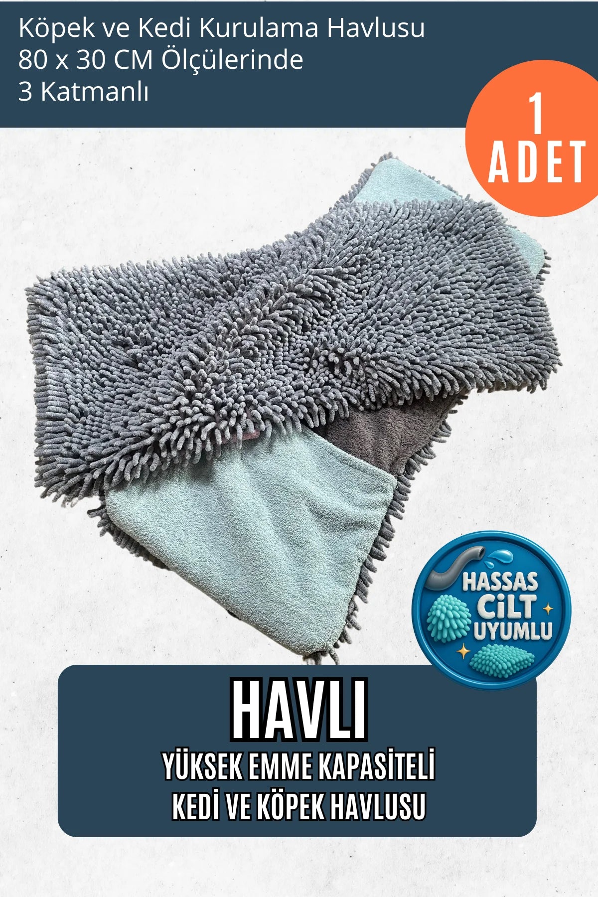 Havlı - 80x30 CM Yüksek Su Emme Kapasiteli Köpek ve Kedi Kurulama Havlusu (Mavi)