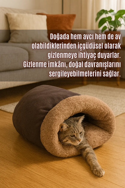 Mağara (45x40cm) - Modern kedi/köpek mağara yatak, Saklanma alanı, Sakinleştirici, Konforlu (Karamel)