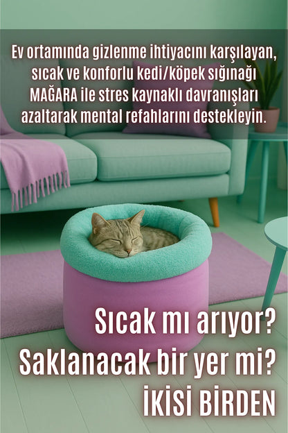 Mağara (45x40cm) - Modern kedi/köpek mağara yatak, Saklanma alanı, Sakinleştirici, Konforlu (Mint)