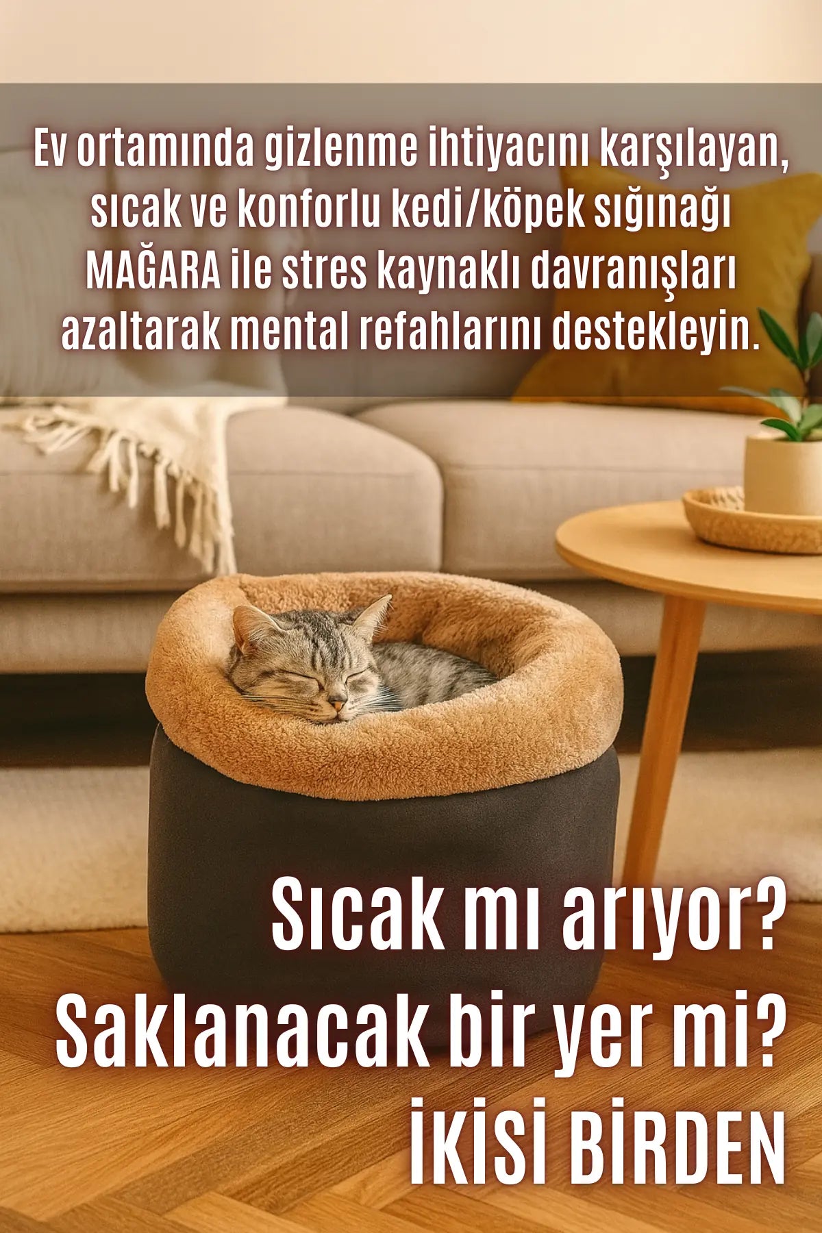 Mağara (45x40cm) - Modern kedi/köpek mağara yatak, Saklanma alanı, Sakinleştirici, Konforlu (Karamel)