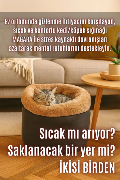Mağara (45x40cm) - Modern kedi/köpek mağara yatak, Saklanma alanı, Sakinleştirici, Konforlu (Karamel)