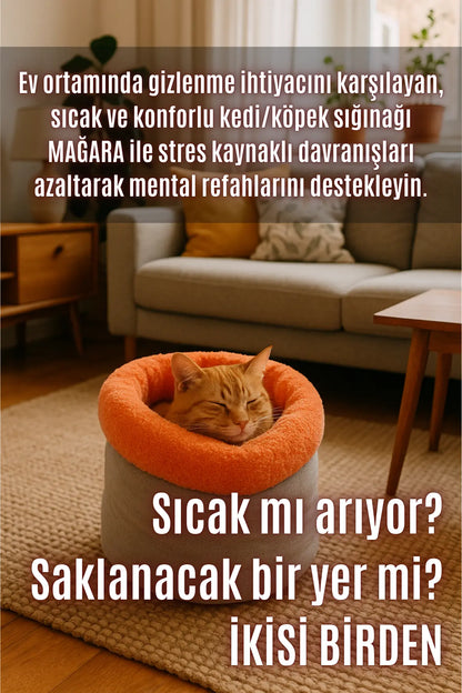 Mağara (45x40cm) - Modern kedi/köpek mağara yatak, Saklanma alanı, Sakinleştirici, Konforlu (Şeftali)