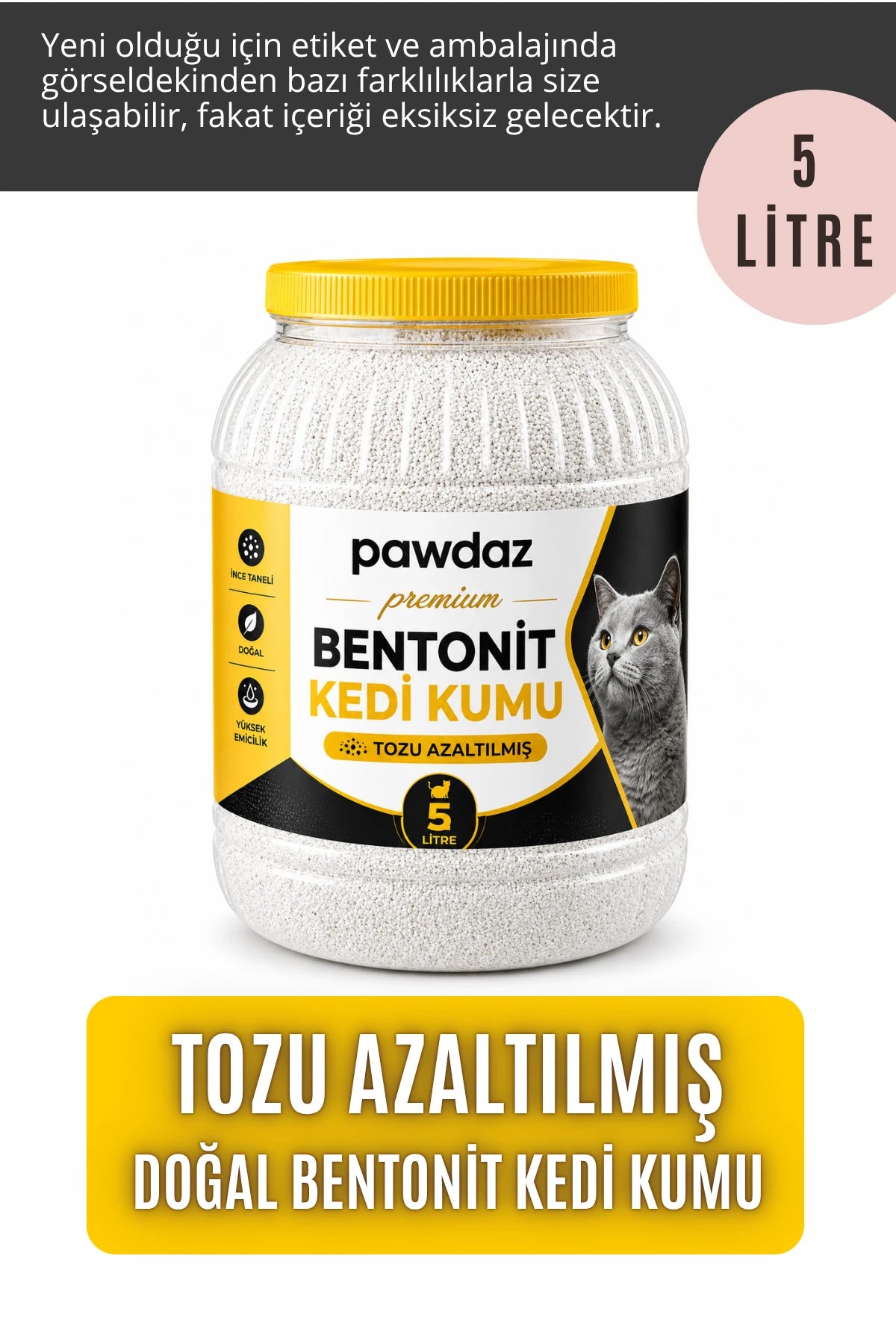 pawdaz Bentonit Kedi Kumu 5 Litre - Tozu azaltılmış (5 LİTRE)