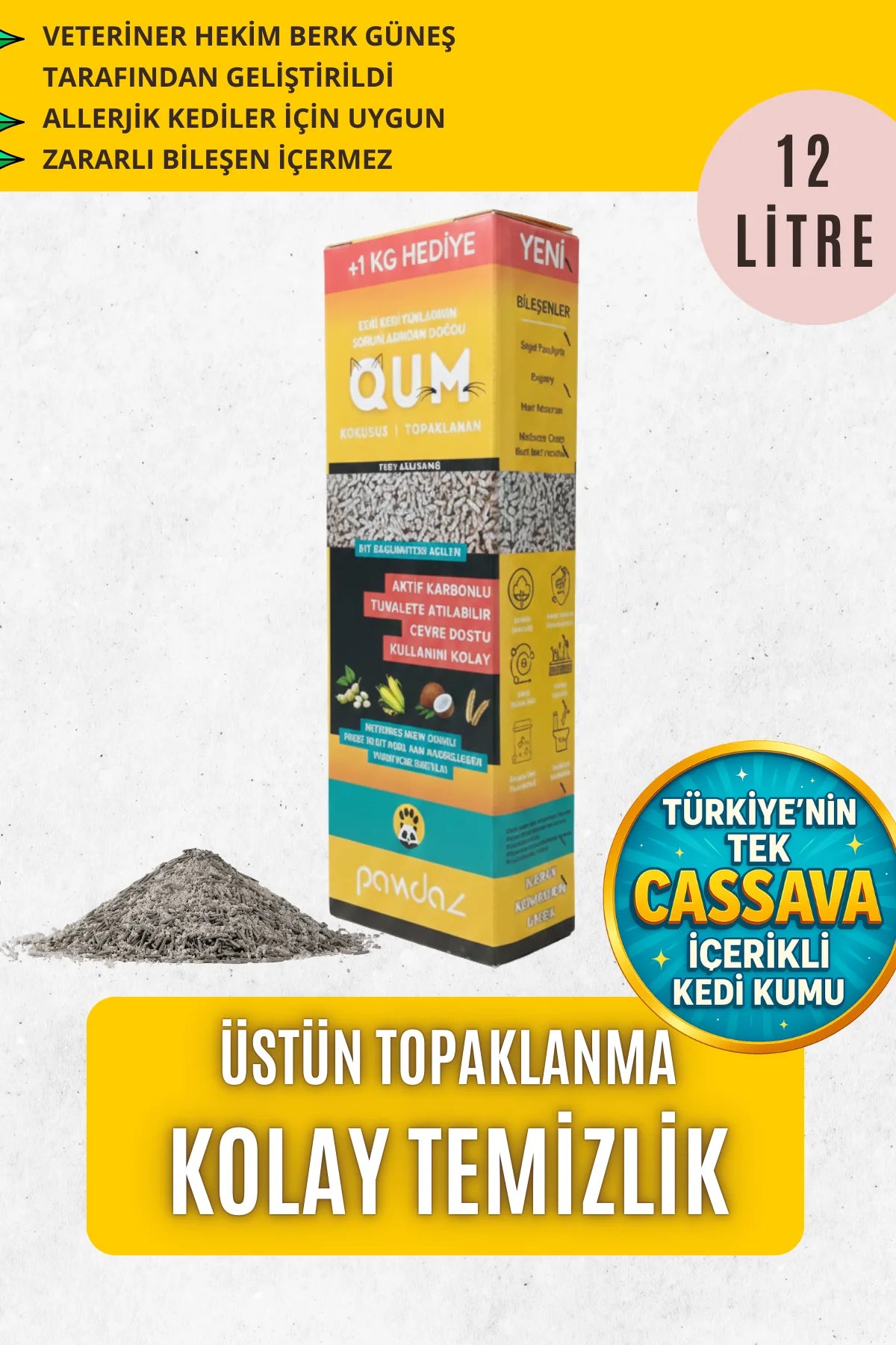 QUM - Eve dağılmayan, Topaklanan, Aktif Karbonlu, Zararsız, Bitkisel Kedi Kumu