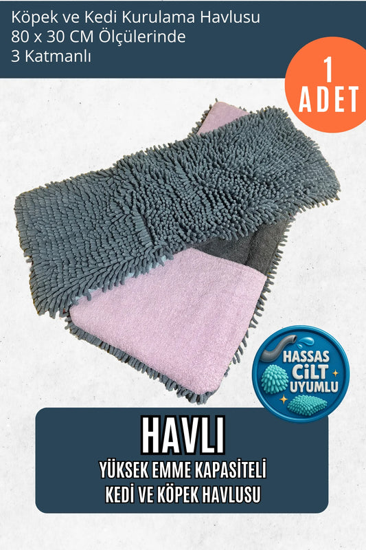 Havlı - 80x30 CM Yüksek Su Emme Kapasiteli Köpek ve Kedi Kurulama Havlusu (Pembe)