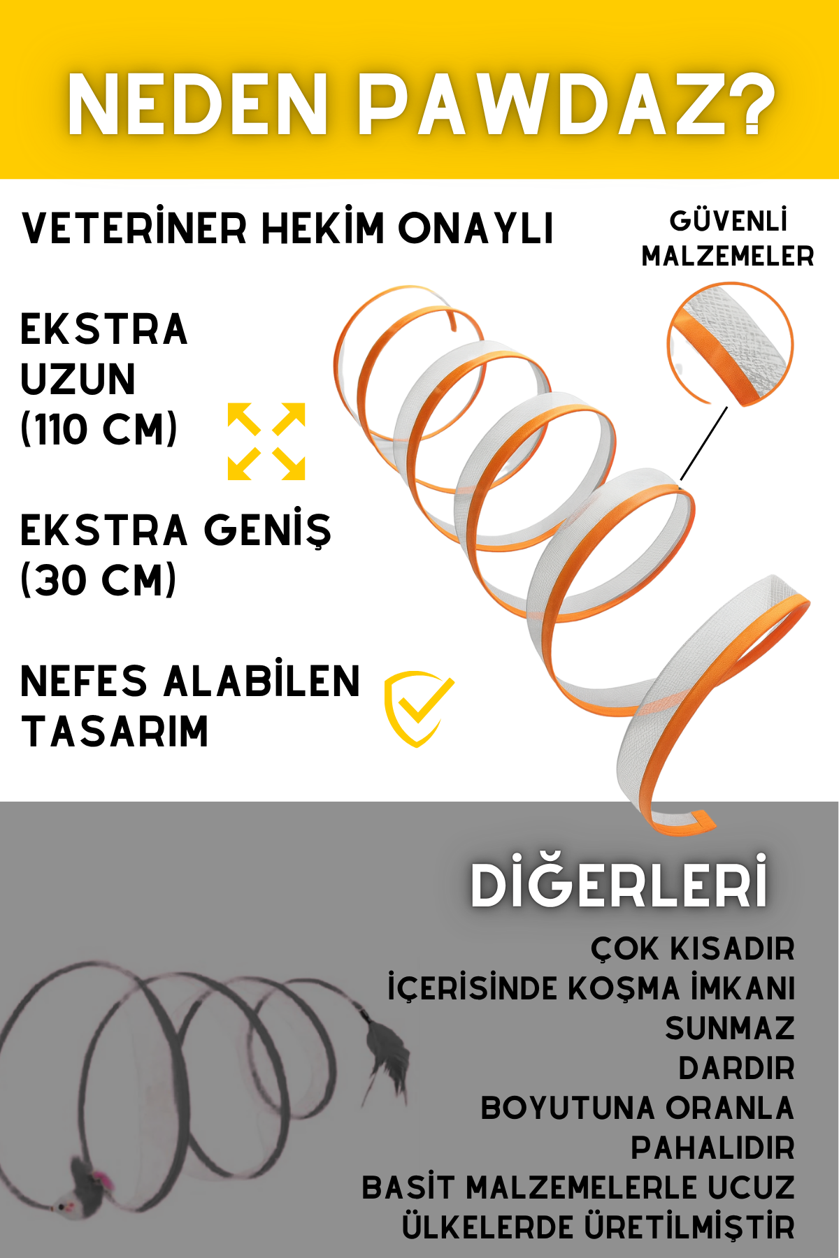110 CM Açık Kedi Oyun Tüneli - Hızlı kurulur ve kolay toplanır (Safran)