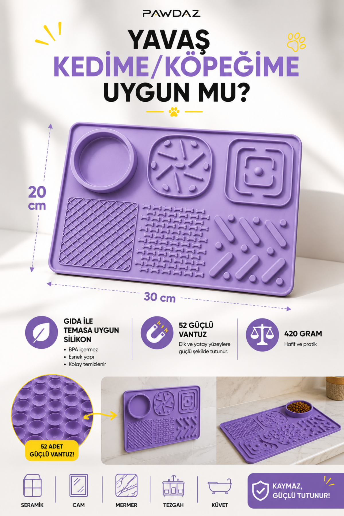 YAVAŞ - 6 Bölmeli Yalama Matı (Mor)